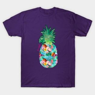 tropical exotic  pineapple, botanical illustration, floral tropical fruits, blue turquoise fruit pattern over a T-Shirt